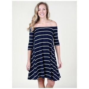 Altar'd State Womens Small Remember Me Navy Striped Dress Off the Shoulder Lined